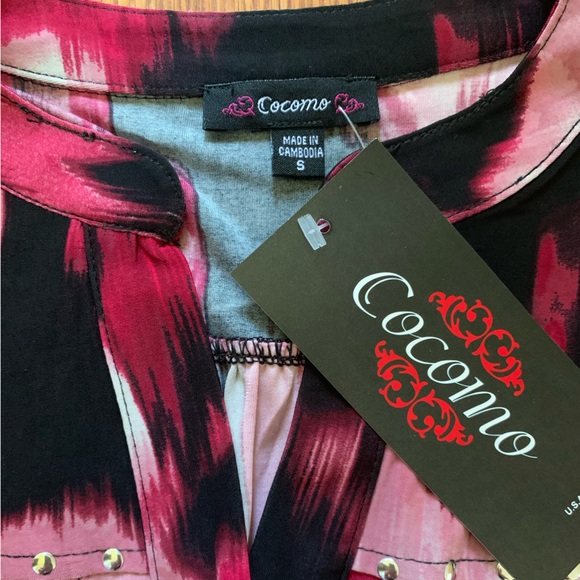 COCOMO Small Red pink white 3/4 sleeve women's Pin tuck Blouse top shirt - Picture 7 of 12